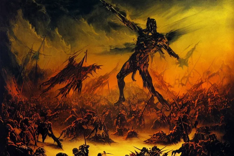 Prompt: undead army emerging from a lake of blood guided by the angel of death, dramatic lighting by Frank Frazetta