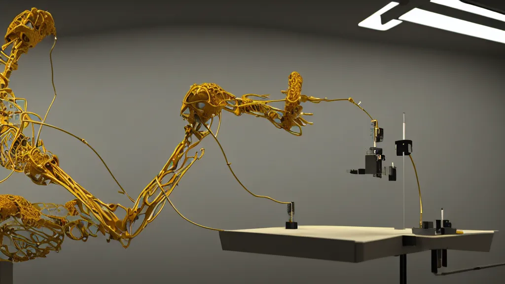 Image similar to a complex bifurcated robotic cnc surgical arm hybrid 3 d printer machine making organic ceramic kintsugi mandlebulb forms in the laboratory room, very thin gold wire, film still from the movie directed by denis villeneuve with art direction by salvador dali, wide lens, f 3 2, cinematic lighting, studio quality, smooth render, unreal engine 5 rendered, octane rendered