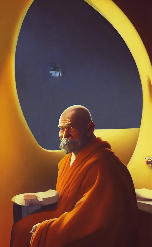 Image similar to portrait of an old monk in a spaceship, looking out the window at a planet, orange robe, dramatic lighting, artstation, matte painting, johannes vermeer