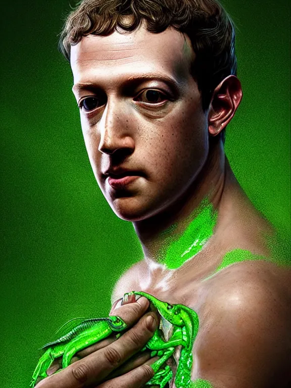 Image similar to portrait of a mark zuckerberg, skin peeling away to reveal bright green reptile!!! skin, art by ryo shiotani and greg rutkowski, intricate, beautiful, cinematic lighting, vintage art by serge ivanoff, high resolution, very detailed