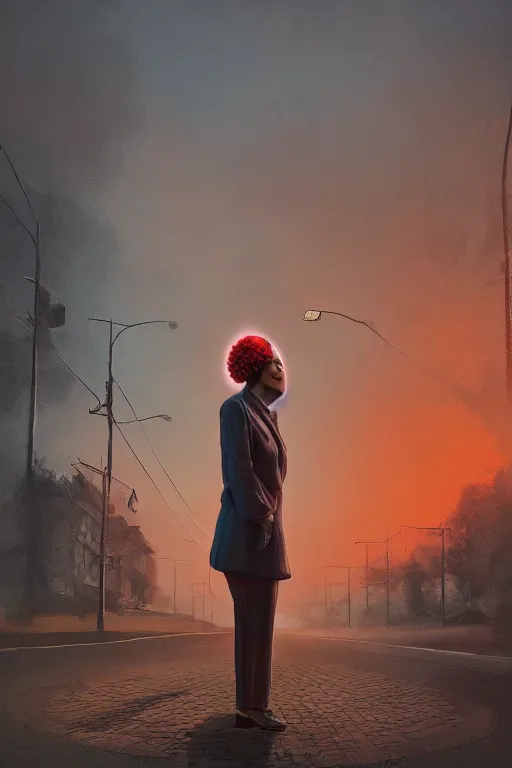 Image similar to giant dahlia flower head, frontal, girl in a suit, standing in street, surreal photography, sunrise, dramatic light, impressionist painting, digital painting, artstation, simon stalenhag