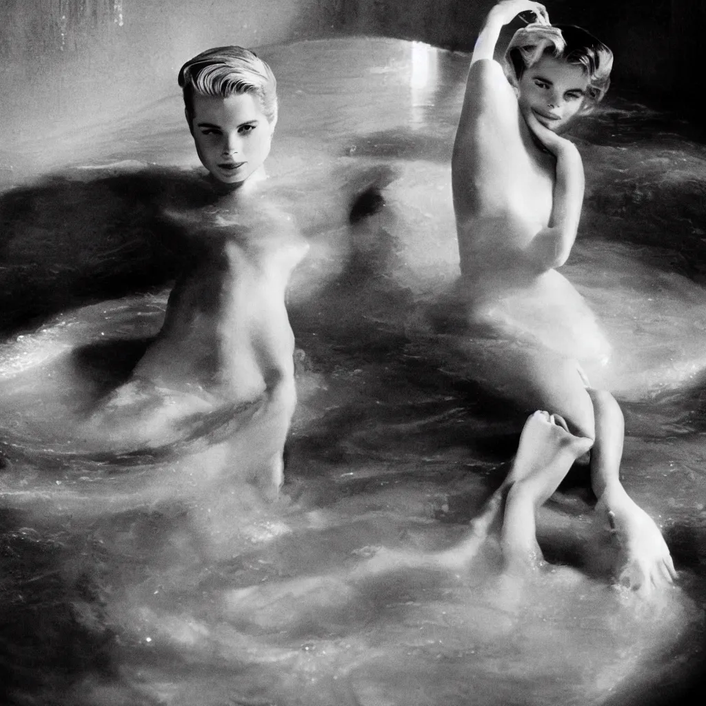 Image similar to Herb Ritts high-contrast color photo of Grace Kelly emerging from a milk bath, vignette, grainy film, shallow depth of field