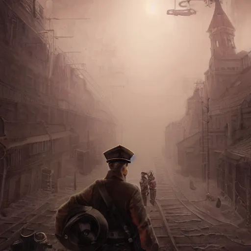 Image similar to steampunk soviet policeman, fog, darkness, evil, magic the gathering artwork, D&D, fantasy, cinematic lighting, centered, symmetrical, highly detailed, digital painting, artstation, concept art, smooth, sharp focus, illustration, volumetric lighting, epic Composition, 8k, art by Akihiko Yoshida and Greg Rutkowski and Craig Mullins, oil painting, cgsociety