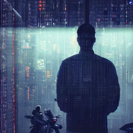 Image similar to man surrounded by computer screens, dark, moody, futuristic, cyberpunk, artstation