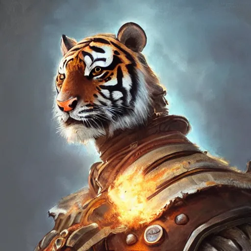 Image similar to a detailed portrait of a tiger earth sorcerer dressed with a leather armor, by justin gerard and greg rutkowski, digital art, realistic painting, dnd, character design, trending on artstation