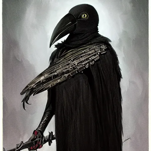 Prompt: vantablack armored kenku, artistically anthropomorphic black bird head. cloaked hood down, science fiction, portrait by donato giancola and greg rutkowski and wayne barlow. top all time r / imaginarycyberpunk.