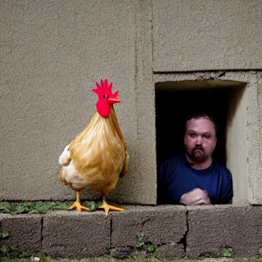 Prompt: man dressed as a chicken hiding behind a corner