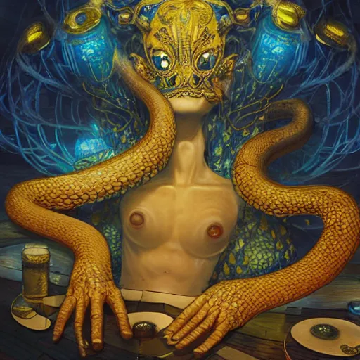 Image similar to an ethereal humanoid snake with hands, golden scales and blue accents scattered in its design, set in an empty tavern full of wispy blue spirits, warm yellow lights, art by yuji ikehata and satoshi kon, background art by miyazaki, realism, proper human male proportions, fully clothed, dungeons and dragons, anime