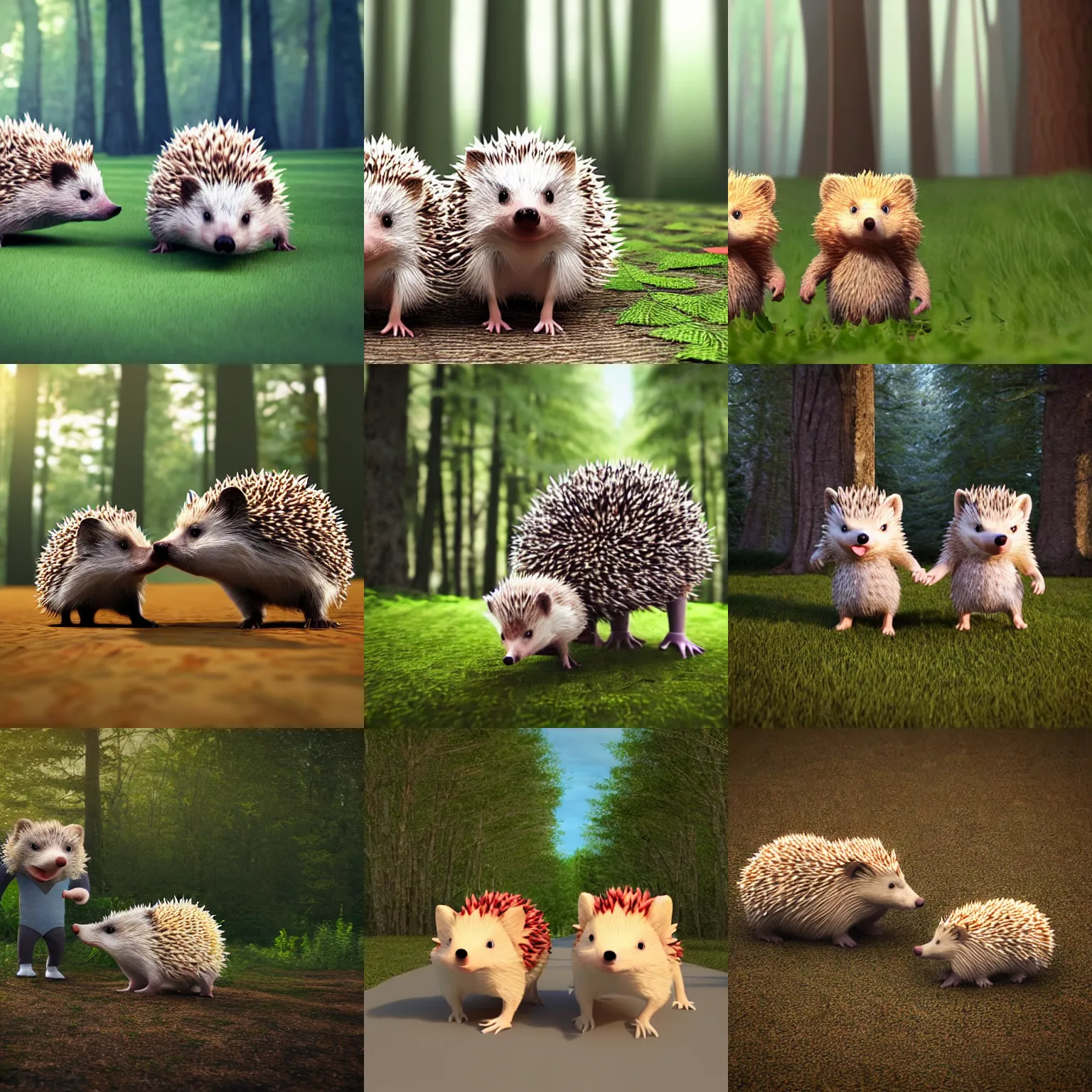 Prompt: 3d render of two happy hedgehogs in a forest, romantic, holding paws, walking together