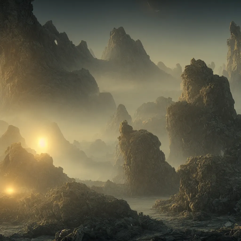 Image similar to An incredibly beautiful but ominous matte painting depicting a landscape with three suns, overgrowing a desolate ruins submerged in fog beneath the setting suns, nvidia, vray, evening, epic scale, octanerender