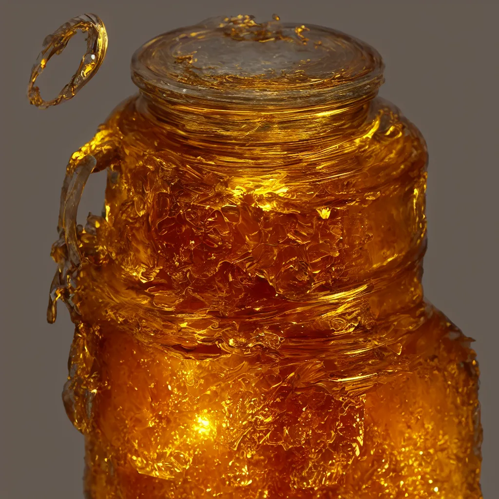 Prompt: honey jar stylized like a vicious grizzly bear, golden glistening, light bloom, octane render, product photography, studio photography, sharp high contrast