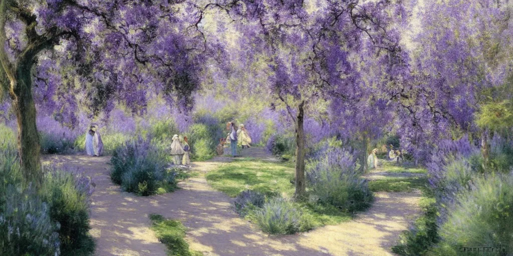 Image similar to enchanted garden, lavender and teal, pathway, flowers, high detail, very very very beautiful and realistic matte painting, naturalism, by Émile Friant,