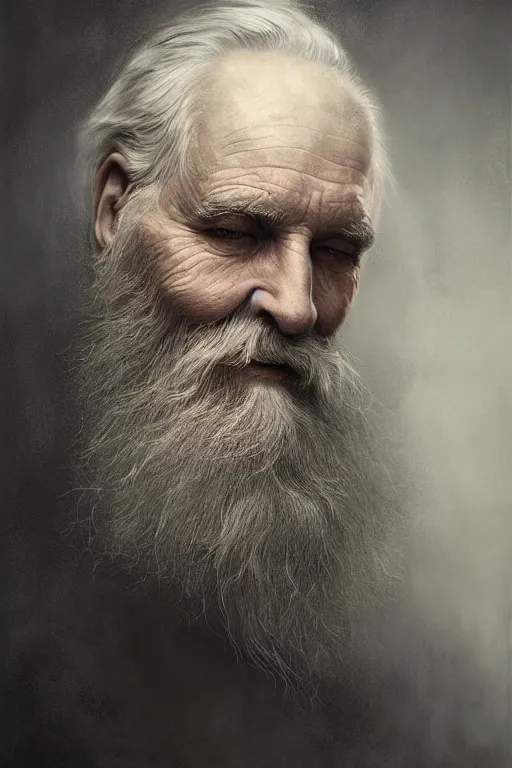 Prompt: a stunning ultra realistic fine art painting of a content old man with a long gray beard, peaceful and graceful, by tom bagshaw, studio portrait, muted colors, melancholic, catchlight in the eyes, 4K