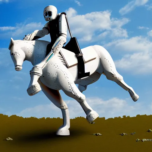 Prompt: A robot is riding a white horse in the blue sky