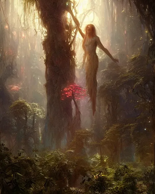 Image similar to my dream when soul leaving body, dryads standing near me in lingering made of plants and trees trying to catch soul that flying up to gods light ray from above, volumetric neon lights intricate details, by greg rutkowski, gaston bussiere