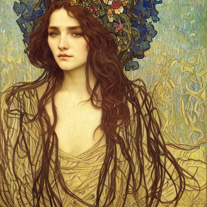 Image similar to detailed realistic beautiful young medieval queen face portrait by jean delville, alphonse mucha, vincent van gogh, and marco mazzoni, art nouveau, symbolist, visionary, gothic, pre - raphaelite