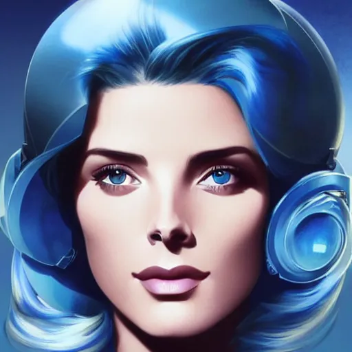 Image similar to Ashley Greene's face combined with Grace Kelly's face with blue hair as a retro-futuristic astronaut, western, D&D, fantasy, intricate, elegant, highly detailed, digital painting, artstation, concept art, matte, sharp focus, illustration, art by Artgerm and Greg Rutkowski and Alphonse Mucha