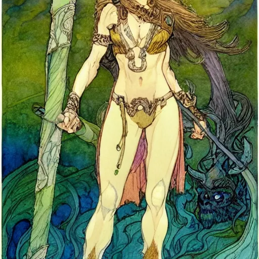 Image similar to a realistic and atmospheric watercolour fantasy character concept art portrait of jane fonda in her 2 0 s as a druidic warrior wizard looking at the camera with an intelligent gaze by rebecca guay, michael kaluta, charles vess and jean moebius giraud