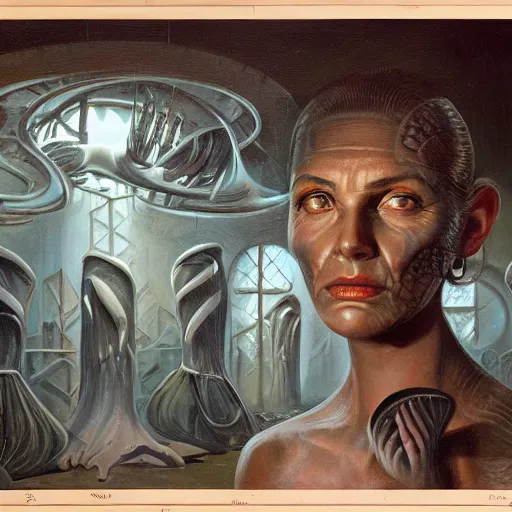 Image similar to detailed face of a woman with obsidian eyes in a biomorphic courtyard with dna sculptures at a science expo, atmospheric, ambient, pj crook, syd mead, livia prima, artgerm, greg rutkowski, nick alm, casey baugh