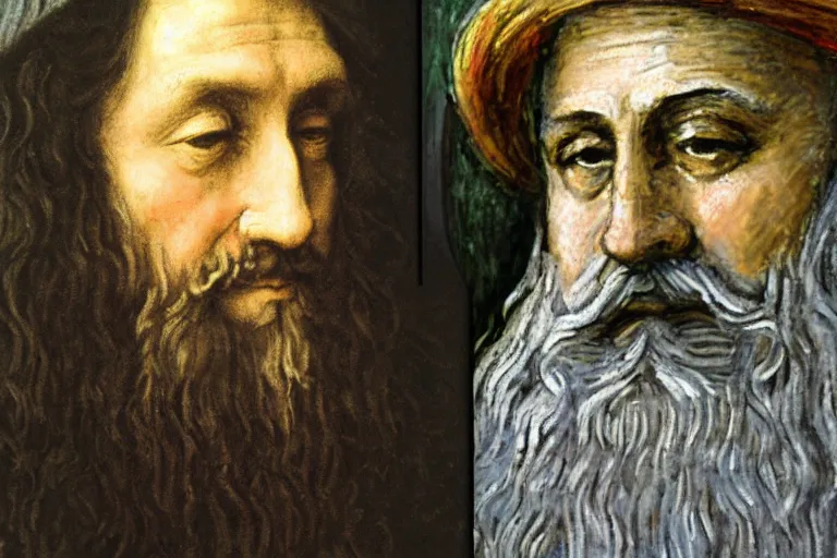 Prompt: leonardo da vinci painting a portrait of claude monet, painting by michaelangelo