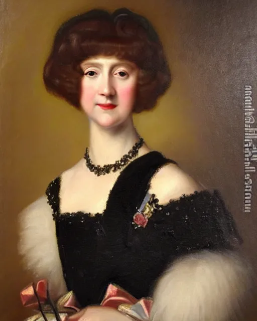Prompt: a bust portrait of a beautiful young english noblewoman with dark brown hair smiling with a beautiful black dress, art by philip de laszlo, oil painting, royal portrait, made in 1 9 2 5, oil on canvas, smooth, highly detailed, sharp, vintage painting,