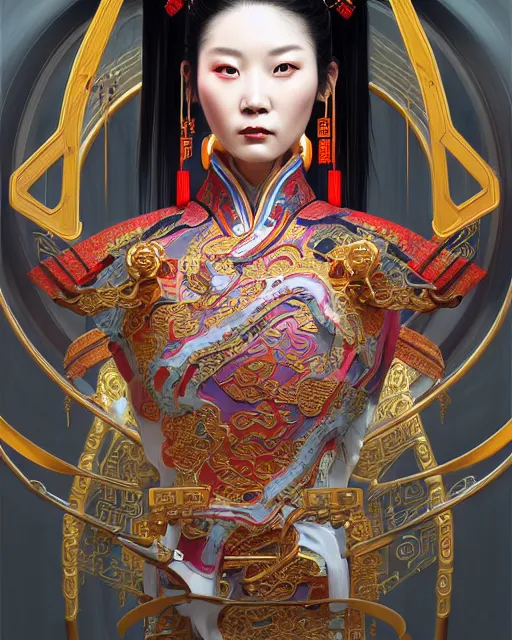 Image similar to portrait of a chinese cyberpunk machine, machine face, arms, upper half portrait, decorated with chinese opera motifs, regal, asian, fine china, wuxia, traditional chinese art intricate intense elegant 京 剧 highly detailed digital painting artstation concept art smooth sharp focus illustration, art by artgerm and greg rutkowski alphonse mucha 8 k