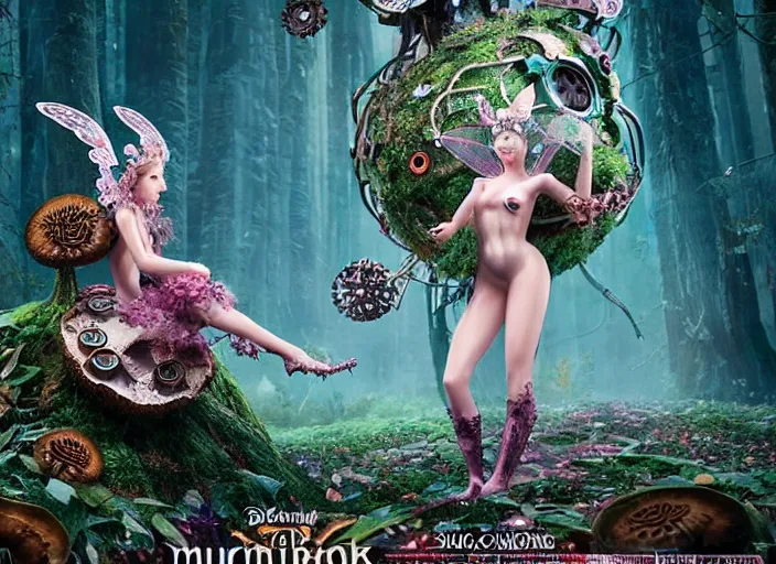 Image similar to 35mm intricate mechanical fairy with visible gears and electronics and optic Fibres sitting on top of a mushroom in a magical forest, having tea with a giant minotaur. Very detailed 8k. Fantasy cyberpunk horror. Sharp. Cinematic post-processing