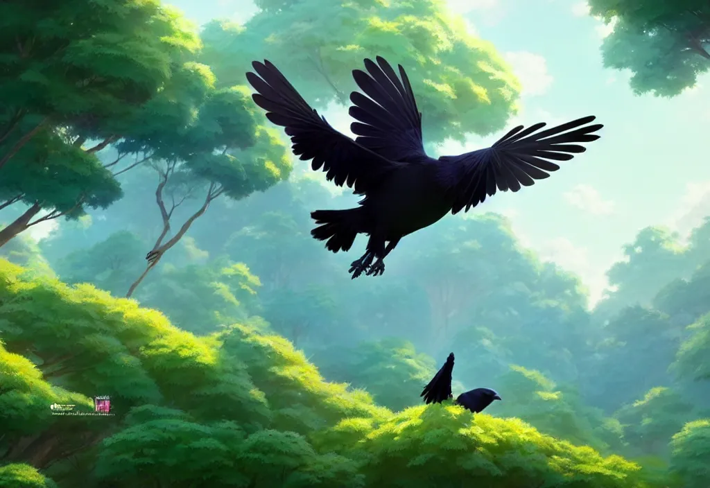 Prompt: a wholesome animation key shot of a cute stripe colored raven flying above the forest, studio ghibli, pixar and disney animation, sharp, rendered in unreal engine 5, anime key art by greg rutkowski, bloom, summer lighting