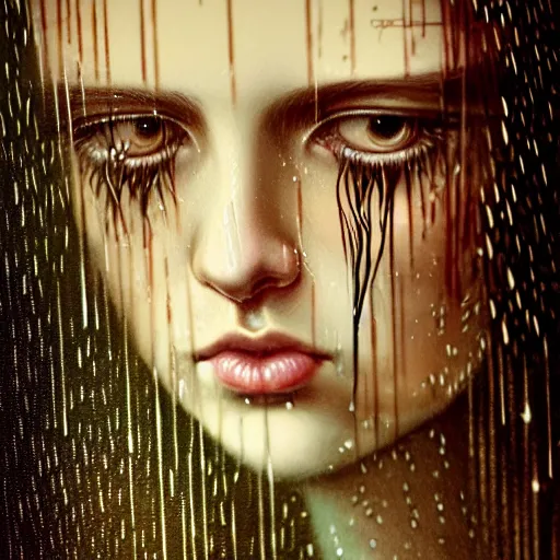 Image similar to portrait of a girl in the rain with wet hair and face, fantasy, intricate, elegant, dramatic lighting, emotionally evoking symbolic metaphor, highly detailed, lifelike, photorealistic, digital painting, artstation, concept art, smooth, sharp focus, illustration, art by John Collier and Albert Aublet and Krenz Cushart and Artem Demura and Alphonse Mucha