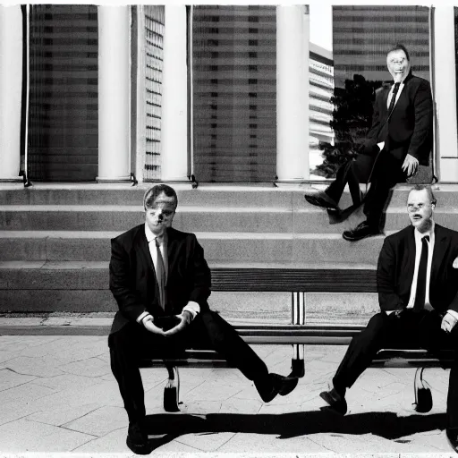 Image similar to two clean - shaven chubby white men in suits and neckties sitting on a park bench. each men are holding manila folders in their hands.