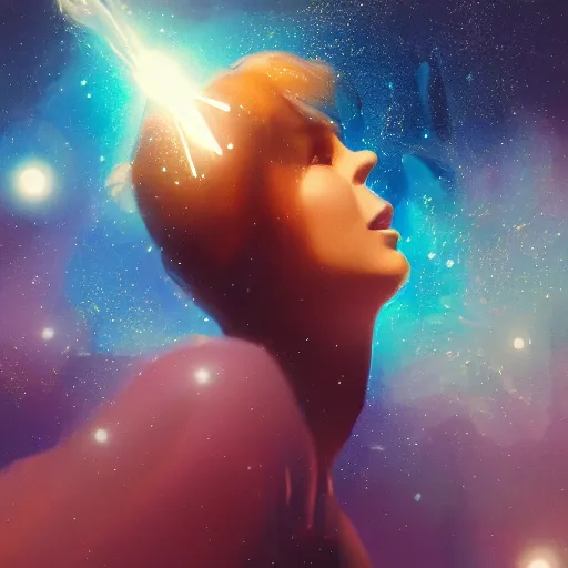 Prompt: a beautiful, powerful woman sitting in space, reaching her hand out toward the camera, emanating magic from her palms, extreme closeup, analog photography, soft blur focus, cgsociety contest winner, illustrated by mike beeple winklemann, greg rutkowski, and gaston bussiere, space art, portrait art, artstation, 4 k, 8 k