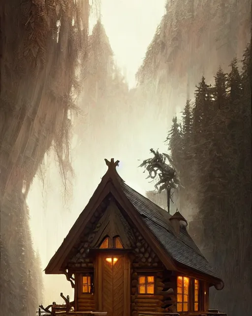 Image similar to symmetry!! a small cabin with a giant above it look hungry, dnd, intricate, elegant, highly detailed, digital painting, artstation, concept art, smooth, sharp focus, illustration, art by artgerm and greg rutkowski and alphonse mucha