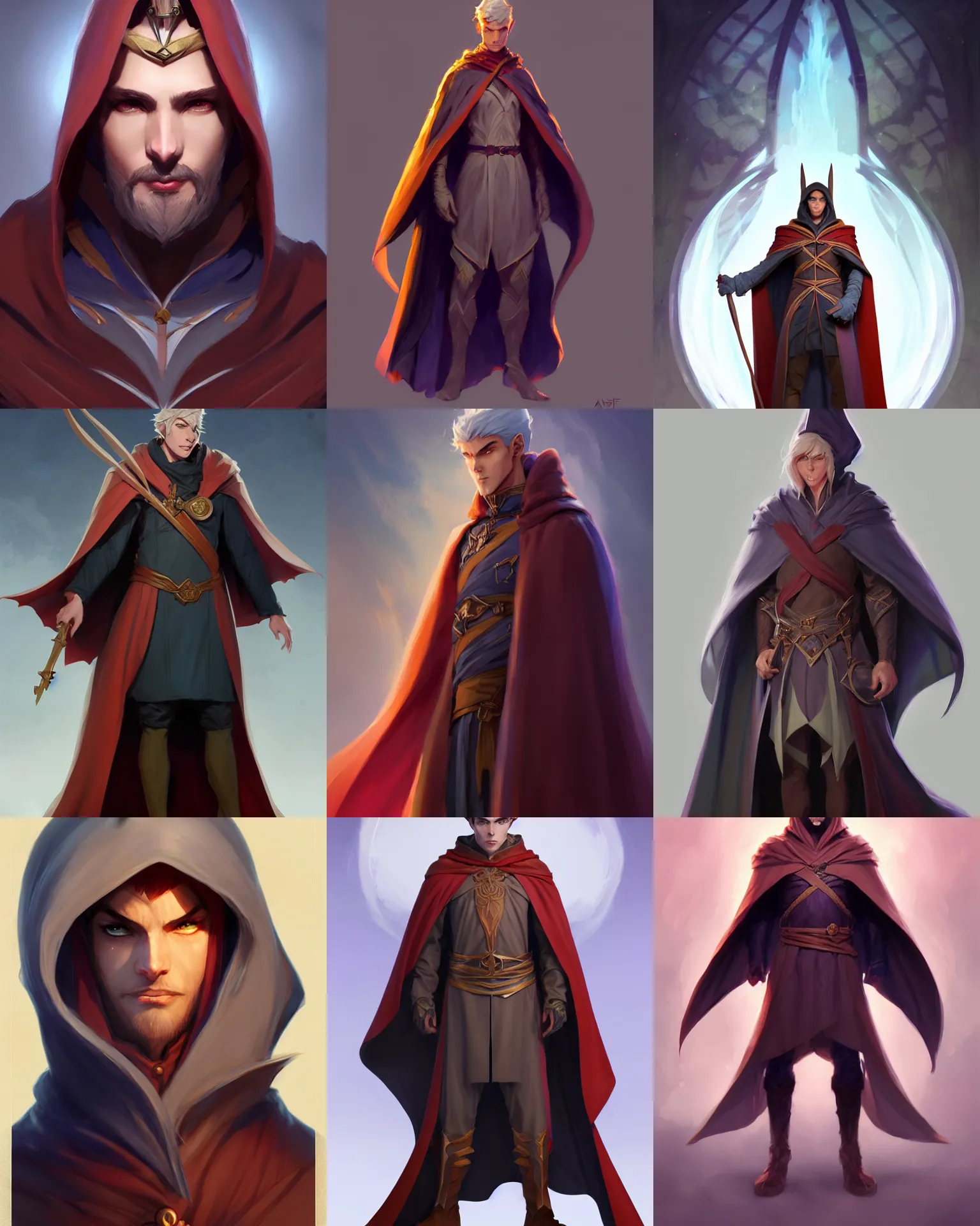 Prompt: character concept art of a gorgeous male wizard with a cape with hood | | distinct - fine, key visual, realistic shaded perfect face, fine details by stanley artgerm lau, wlop, rossdraws, james jean, andrei riabovitchev, marc simonetti, sakimichan, and jakub rebelka, trending on artstation