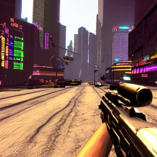 Image similar to Open world GTA-like cyberpunk game, futuristic city, HUD, screenshot, PlayStation 2