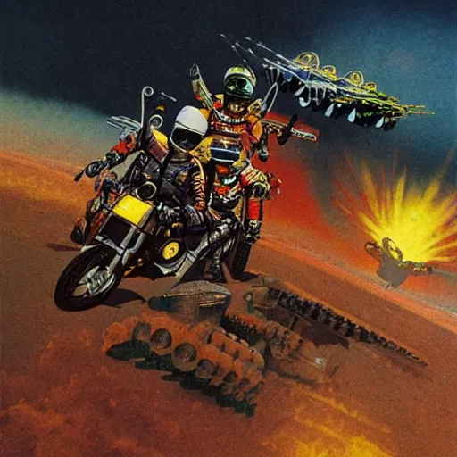 Prompt: motorbikers race in hell, art by chris foss, john harris, beeple, wayne barlowe