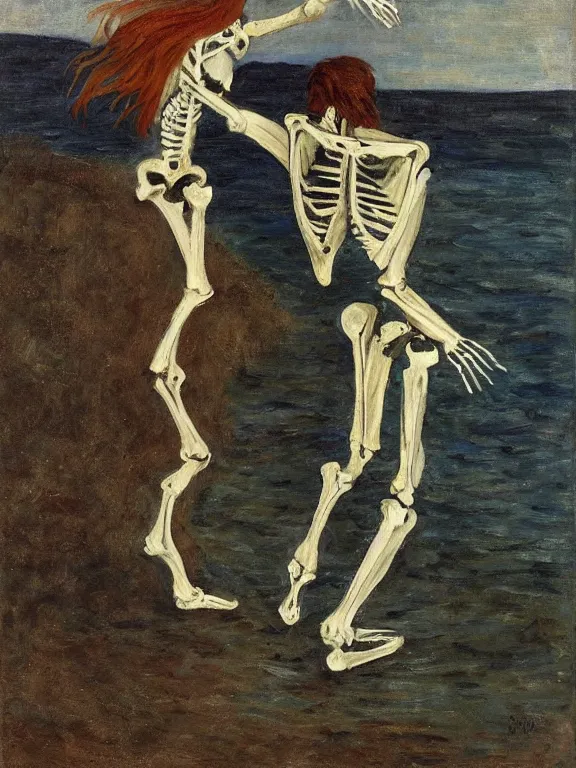 Prompt: young man's skeleton dancing with a long-haired drowned woman, pale, dark background, impressionism