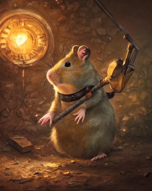 Image similar to oil painting of anthropomorphized hamster hitting floor with pickaxe, steampunk clothes, close shot, full body, dark steampunk mine shaft background, sharp focus, fantasy style, octane render, volumetric lighting, 8k high definition, by greg rutkowski, highly detailed, trending on art Station, dungeons and dragons artwork, centered