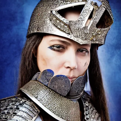 Prompt: photo of female warrior with sapphire encrusted armour