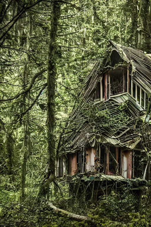 Prompt: a photo of an abandoned and overgrown ramshackle multistory hut in the woods, intricate, elegant, fantasy, highly detailed, sharp focus