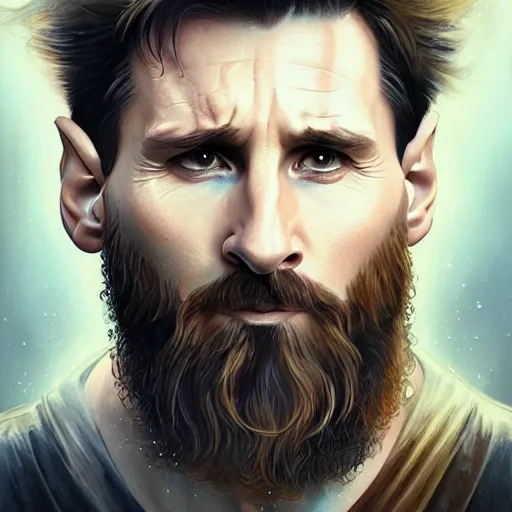 Prompt: Lionel Messi with a majestic beard, closeup, D&D, fantasy, intricate, elegant, highly detailed, digital painting, artstation, concept art, matte, sharp focus, illustration, art by Artgerm and Greg Rutkowski and Alphonse Mucha