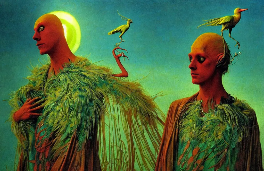 Image similar to realistic detailed portrait movie shot of a birdman wearing green ragged robes, sci fi city sunset landscape background by denis villeneuve, amano, yves tanguy, alphonse mucha, ernst haeckel, max ernst, roger dean, masterpiece, rich ethereal colours, feathers, creepy, occult, blue eyes