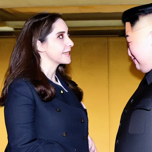 Image similar to close up shot of alison brie engaging peace talks with kim jong un at the slough corn exchange. photography, photographic