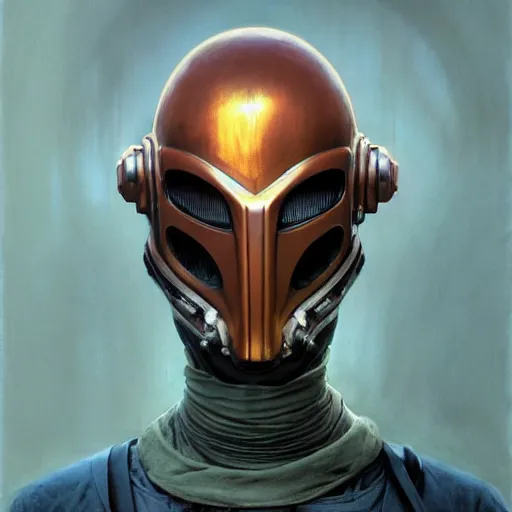 Image similar to a concept art portrait of masked diesel punk helmet on the art deco streets of the big city, artstation, award - winning realistic sci - fi concept art by jim burns and greg rutkowski, beksinski, a realism masterpiece, muted color palette, james gilleard, bruegel, alphonse mucha, and yoshitaka amano