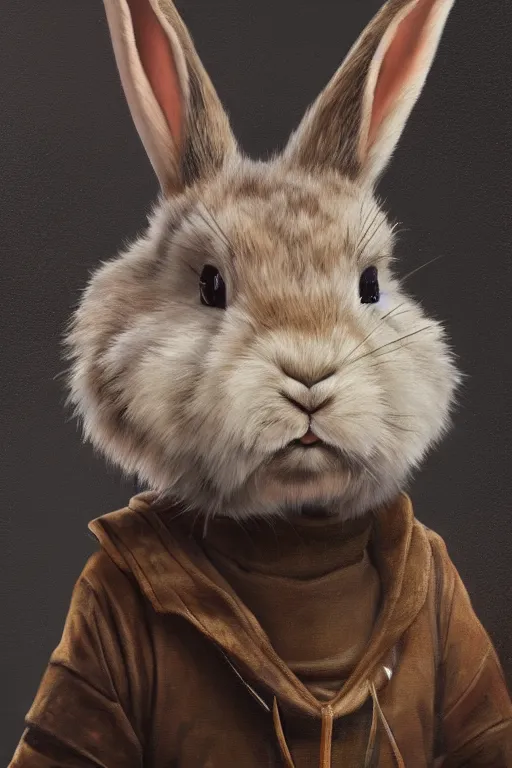 Prompt: oil portrait of sixty the bunny, anthropomorphic creature, reddit moderator, epic, cinematic, elegant, highly detailed, featured on artstation