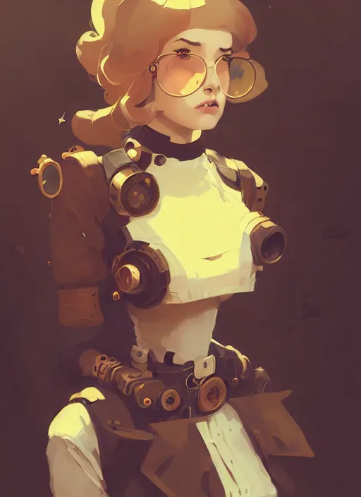 Prompt: portrait of cute maiden girl, steampunk by atey ghailan, by greg rutkowski, by greg tocchini, by james gilleard, by joe gb fenton, by in kaethe butcher, dynamic lighting, gradient light yellow, brown, blonde cream and white color in scheme, grunge aesthetic