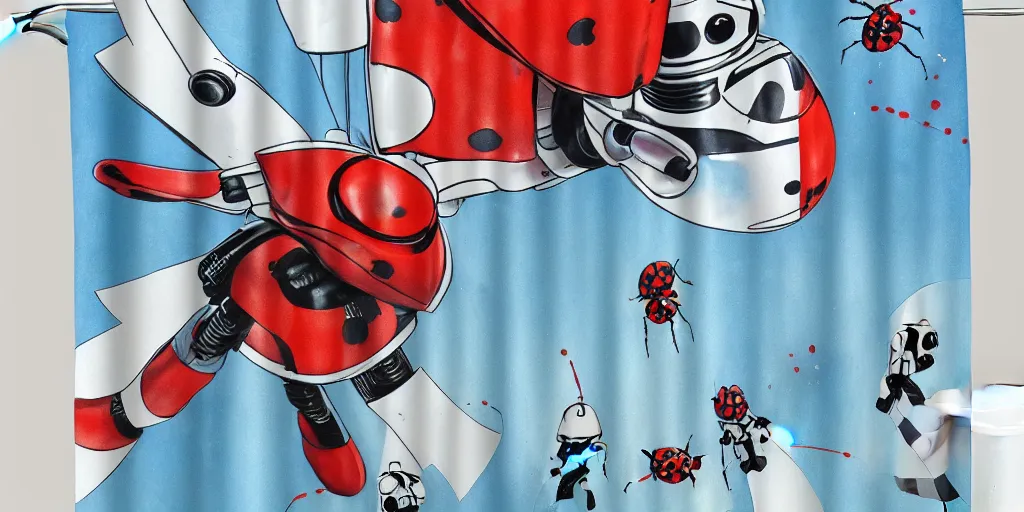 Image similar to shower curtain product catalog. wide - angle photo. on the curtain is a low - angle hero - shot watercolor of a ladybug robot. the robot has an epic fight with darth vader ( obi - wan kenobi ). the water color has ink under drawing. highly coherent, product photography of a shower curtain, product lighting. 4 k, highly detailed. saturated.