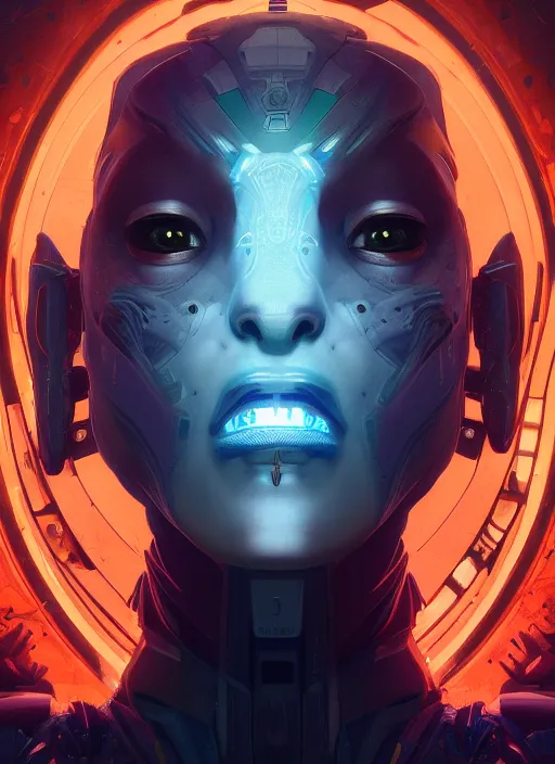 Image similar to symmetry!! portrait of robotic alien in the style of horizon zero dawn, machine face, intricate, elegant, highly detailed, digital painting, artstation, concept art, smooth, sharp focus, illustration, art by artgerm and greg rutkowski and alphonse mucha, 8 k