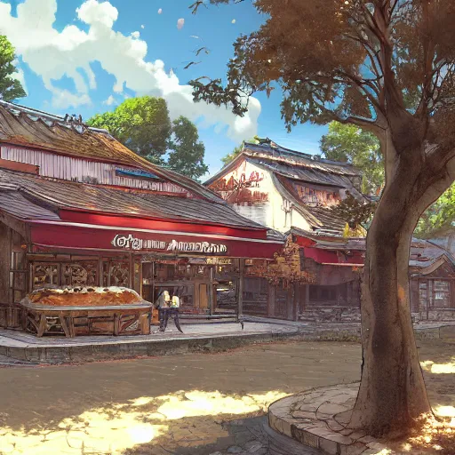 Image similar to concept art painting of a historic bakery with european and japanese architecture, in a woodland village surrounded by trees, realistic, detailed, cel shaded, in the style of makoto shinkai and greg rutkowski and james gurney