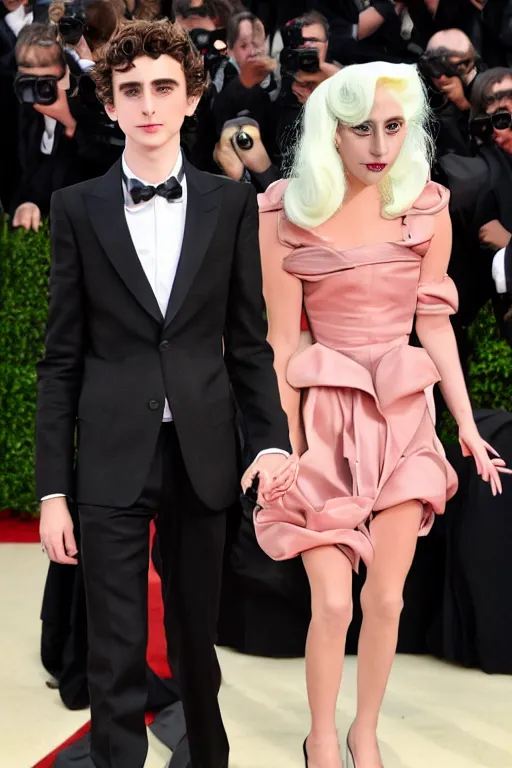 Image similar to timothee chalamet and lady gaga holding hands on the red carpet, beautiful detailed faces, high resolution, 4 k 8 k