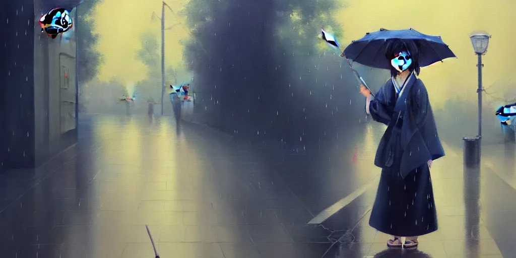 Prompt: painting of japanese girl holding an umbrella in the rain; trending on Artstation, 8k, detailed, atmospheric, immaculate